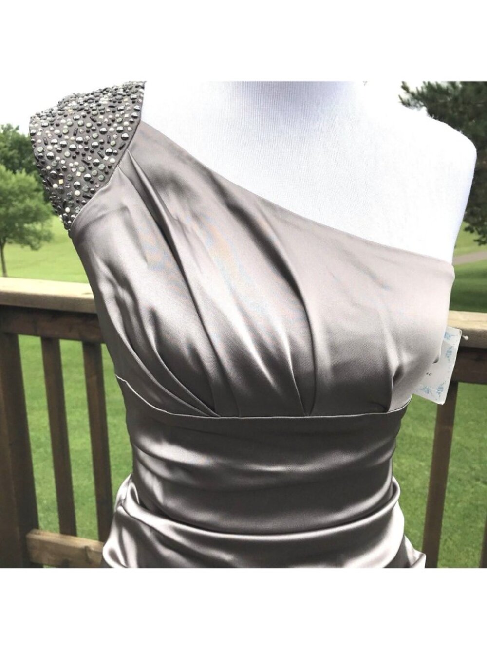 Suzi Chin Maggy One Shoulder Sheath Formal Dress Size 2 Taupe Ruched Embellished - Picture 9 of 12
